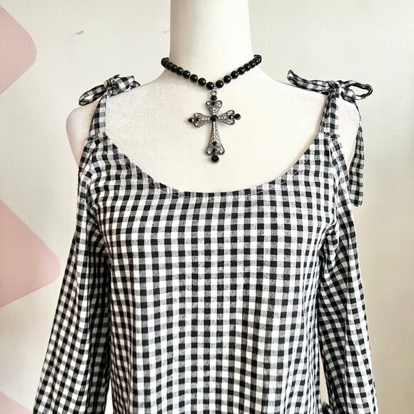 Black Gingham Top, Vintage Y2K 2000s Indie Sleaze Soft Grunge Small - Picture 2 of 7